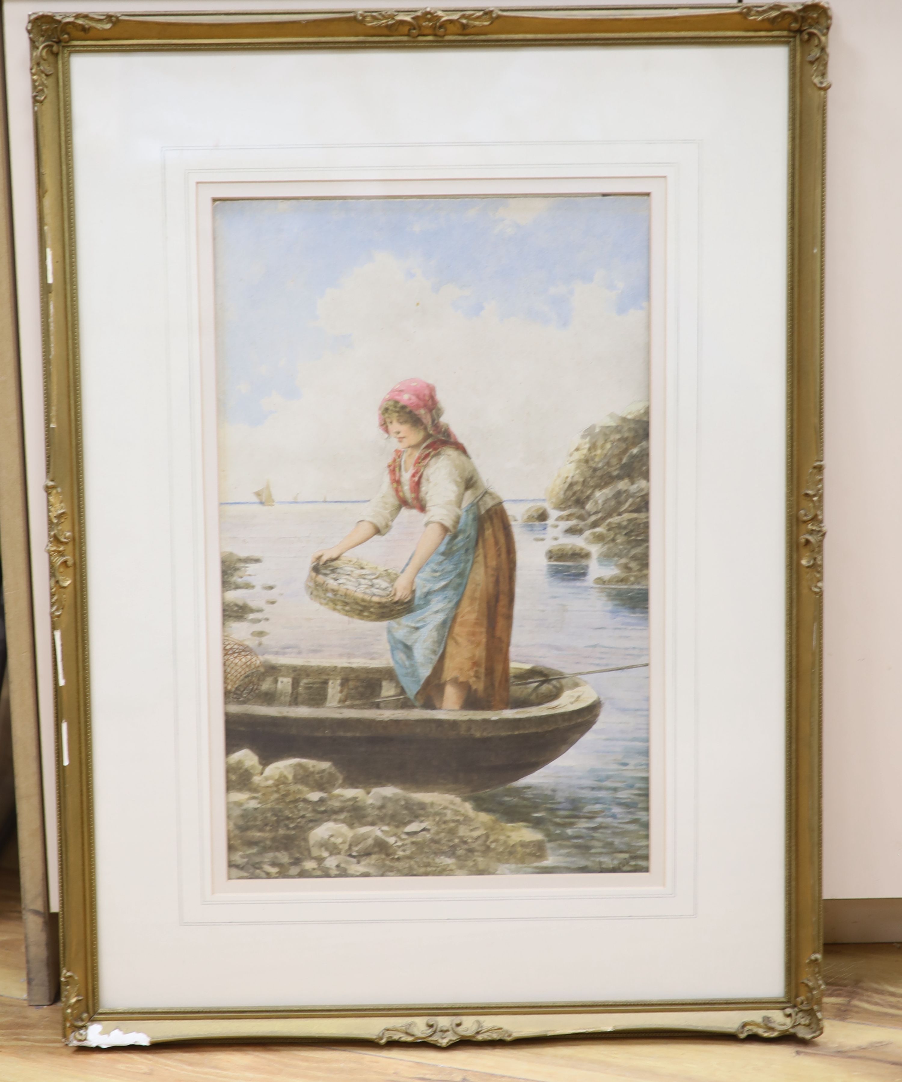 D. Lari (Italian, 19th century), Young fisherwoman with her catch, indistinctly signed, watercolour, 47.5 x 29.5cm